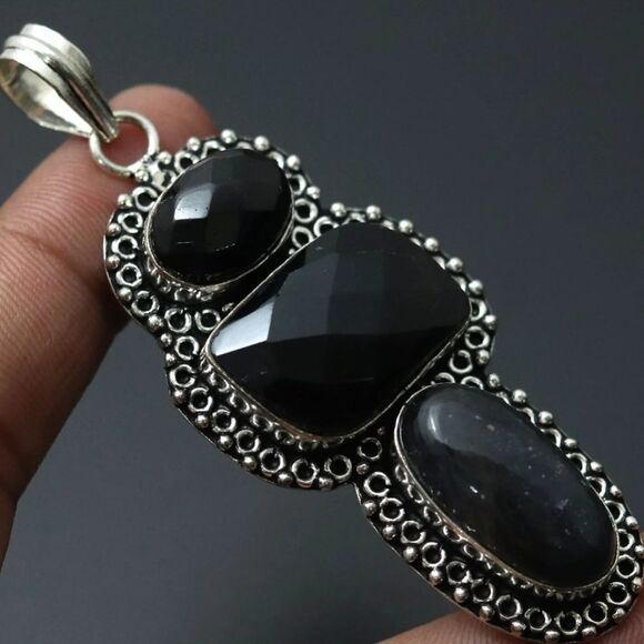 Black Quartz Sterling Silver Plated Pendant 2.8" Gemstone Jewelry - Picture 3 of 5